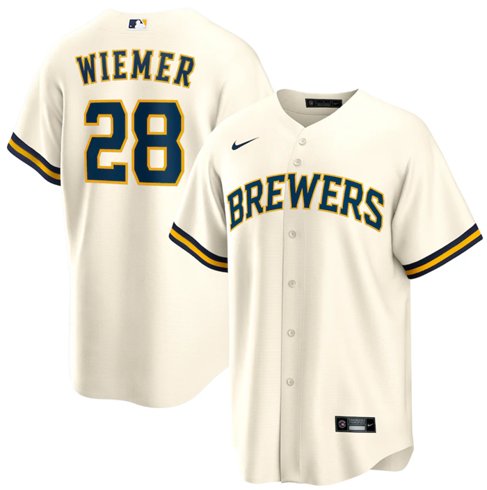 Men's Milwaukee Brewers #28 Joey Wiemer Cream Cool Base Stitched Jersey - Click Image to Close